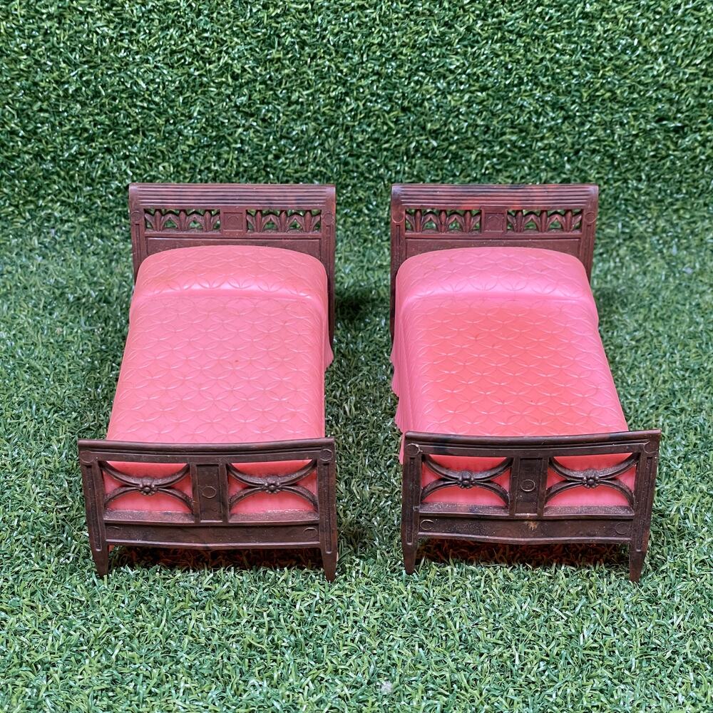 Vintage Brown Pink Miniature Twin Bed Dollhouse Furniture